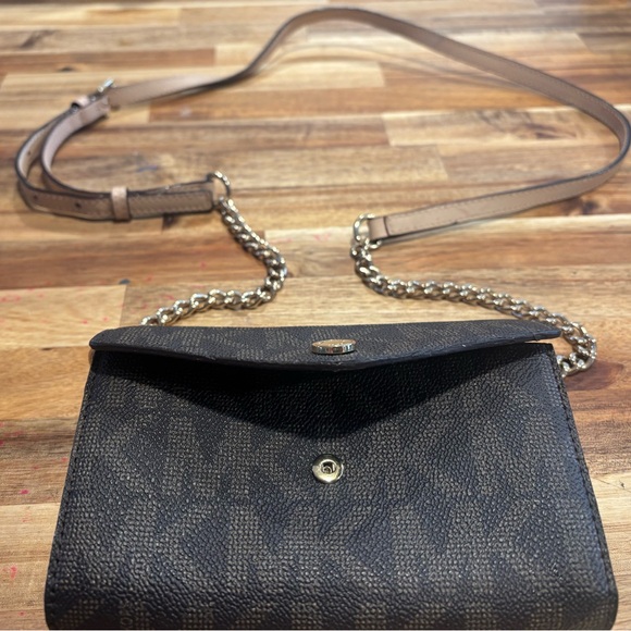 Michael Kors Handbags - Michael Kors Black/Brown Monogram Crossbody Wallet with Chain Strap